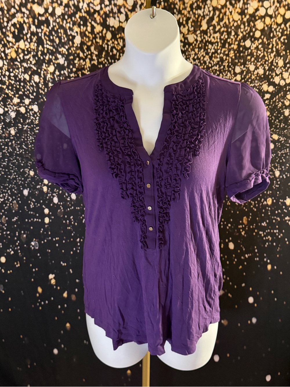 New York & Company Purple Ruffled Henley Blouse